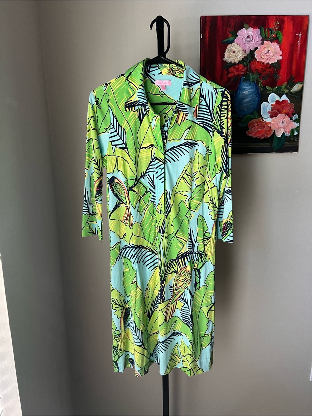Lilly Pulitzer Tropical Leaf Shirt Dress in Lime Green, Aqua & Black Charlene